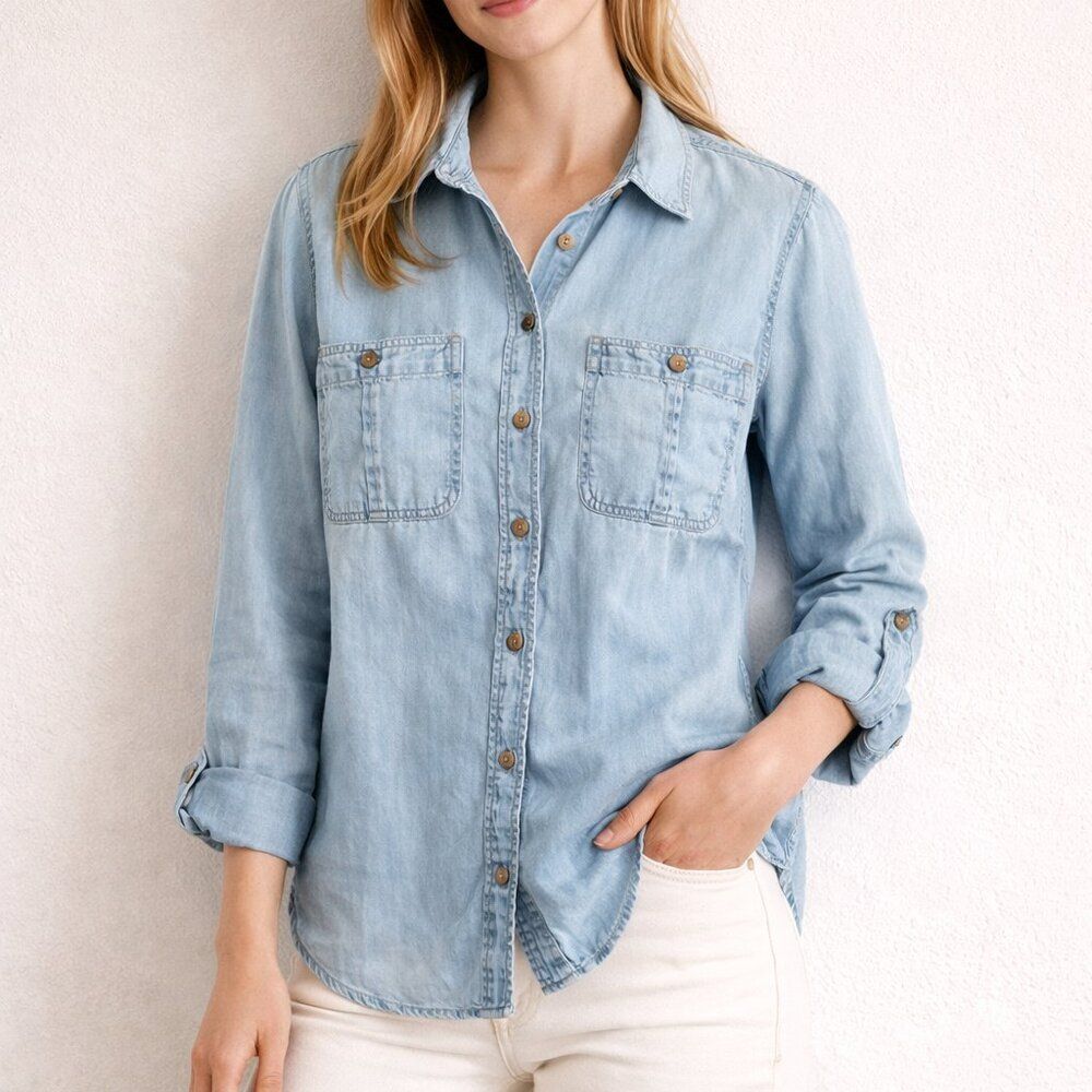Talbots Size 1XP Light Blue Chambray Denim Shirt Roll Tab Sleeves Button Down